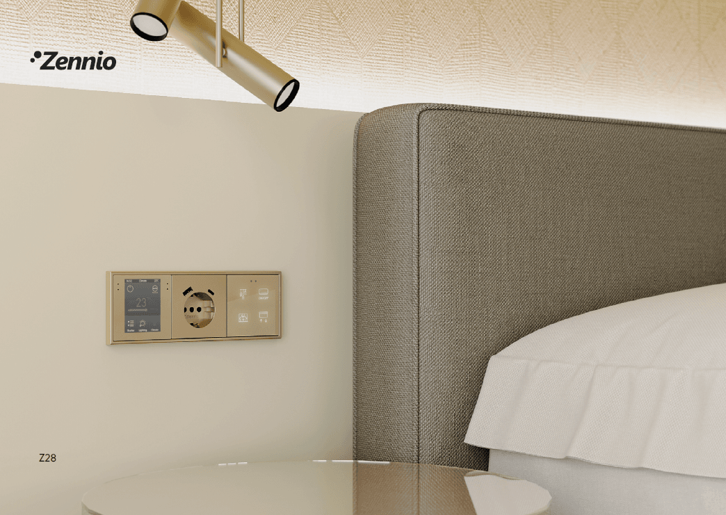 KNX smart-home keypad in a warm living room